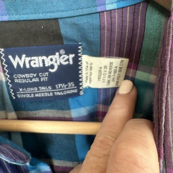 VTG Wrangler Western Shirt Mens Turquoise Plaid Pearl Snap Cowboy Cut - Picture 5 of 5